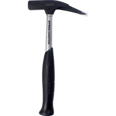 Ein Hammer mit schwarzem Kopf, gummiertem Griff und silbernem Schaft. Markenname 'Steelmaster' auf dem Schaft gedruckt.