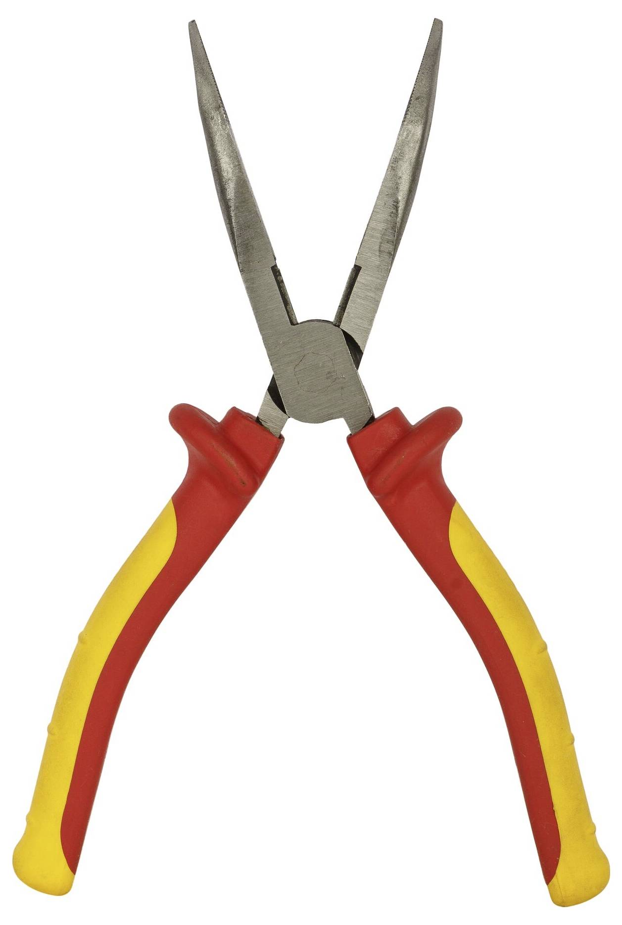 Lange Spitzzange mit roten und gelben Griffen, geöffnet. Hauptsächlich verwendet für präzise Greif- und Schneidearbeiten.
