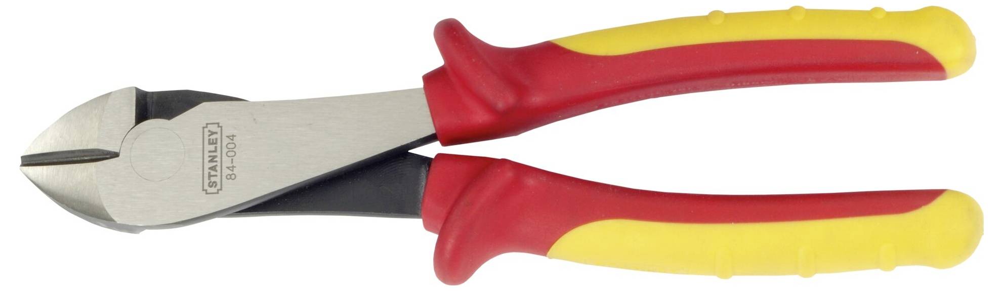 Rote und gelbe Seitenschneiderzange mit isolierten Griffen für elektrische Arbeiten. Werkzeug mit starker Schneidfläche.