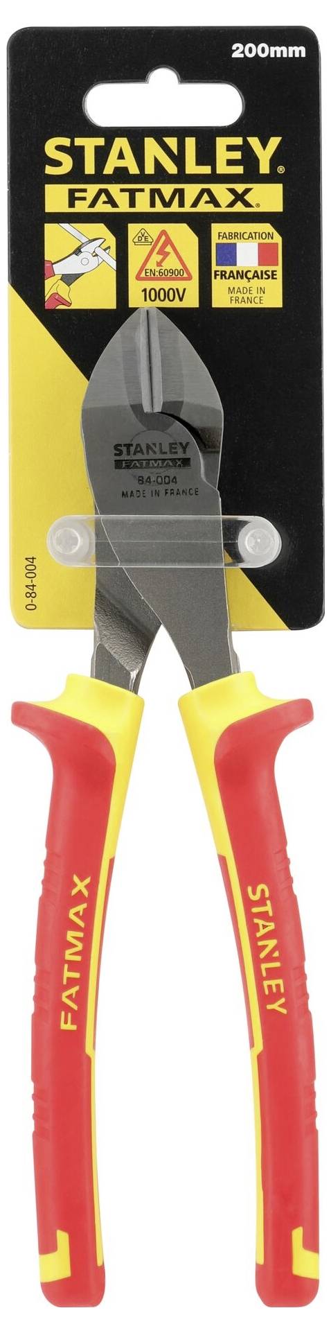 Kombizange Stanley Fatmax 200mm, isoliert für bis zu 1000V, rote und gelbe Griffe, auf Plastikkarte präsentiert.