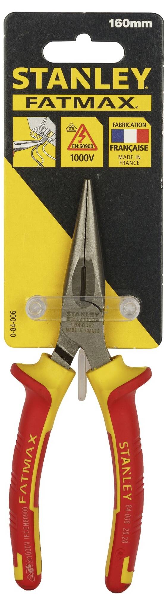 Spitzzange Stanley Fatmax 160mm, für bis zu 1000V, rote und gelbe Griffe, in einer Verpackung mit Warnsymbol für Stromspannung.