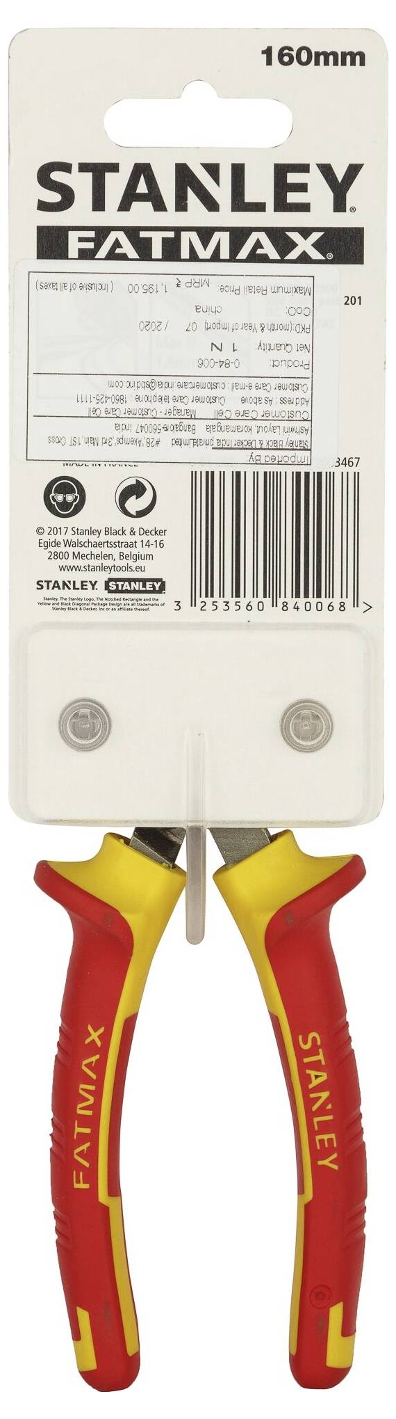 Rote und gelbe 'STANLEY FATMAX' Seitenschneiderzange, 160mm, in Verpackung.