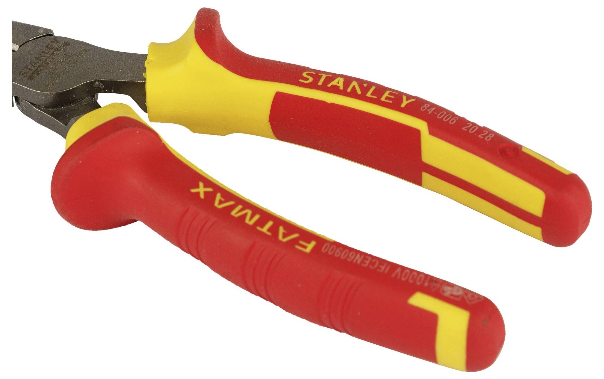 Eine rote und gelbe Zange mit Gummigriff, gekennzeichnet mit 'Stanley' und 'FatMax', liegt auf einer weißen Oberfläche.