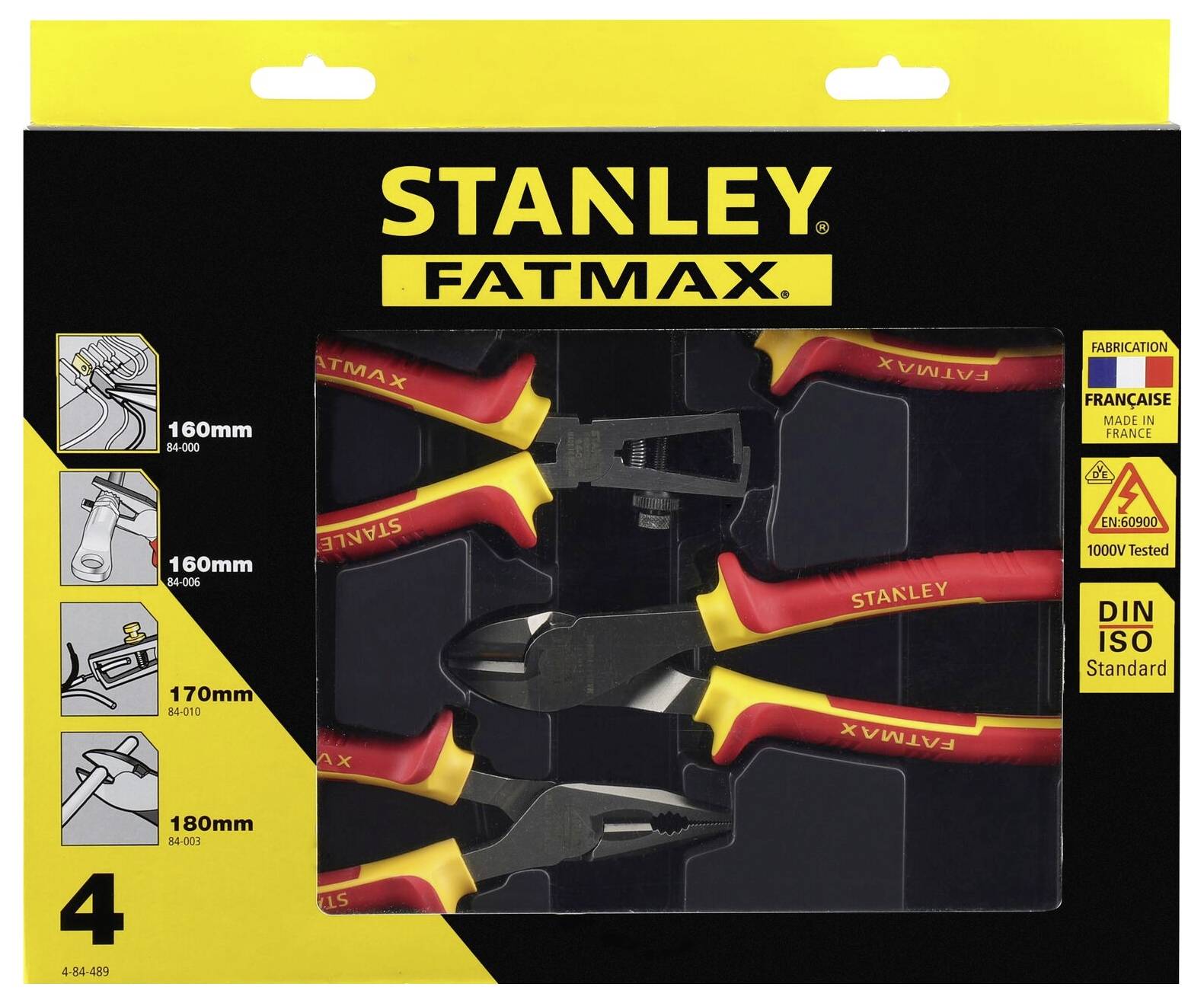 Verpackung von 'STANLEY FATMAX' Zangen-Set, bestehend aus vier Zangen in verschiedenen Größen, gelb und rot, im DIN ISO Standard.
