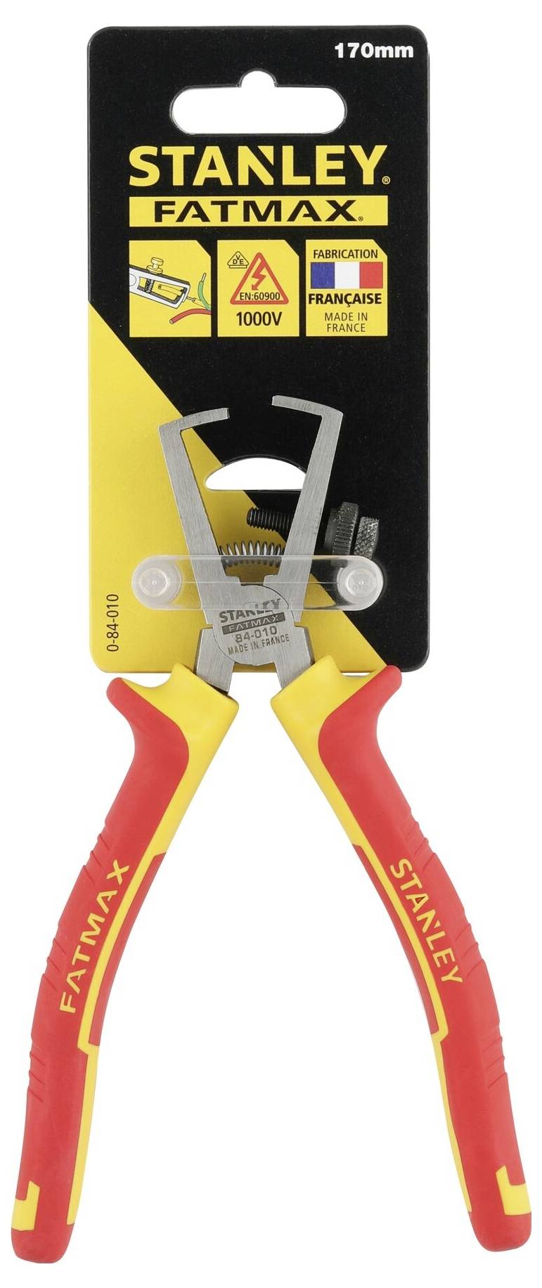 'Zange der Marke Stanley Fatmax, 170mm, geeignet für Arbeiten bis 1000V, in gelb-roter Farbe mit ergonomischen Griffen.'