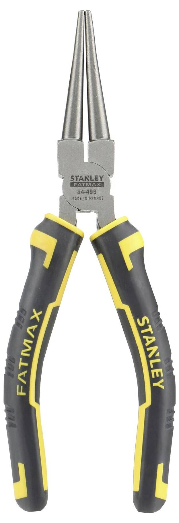 Spitzzange mit ergonomischem Griff, schwarz-gelb. Markenname 'Stanley' ist auf dem Griff und dem Metallteil eingraviert. Werkzeug für feine Arbeiten.
