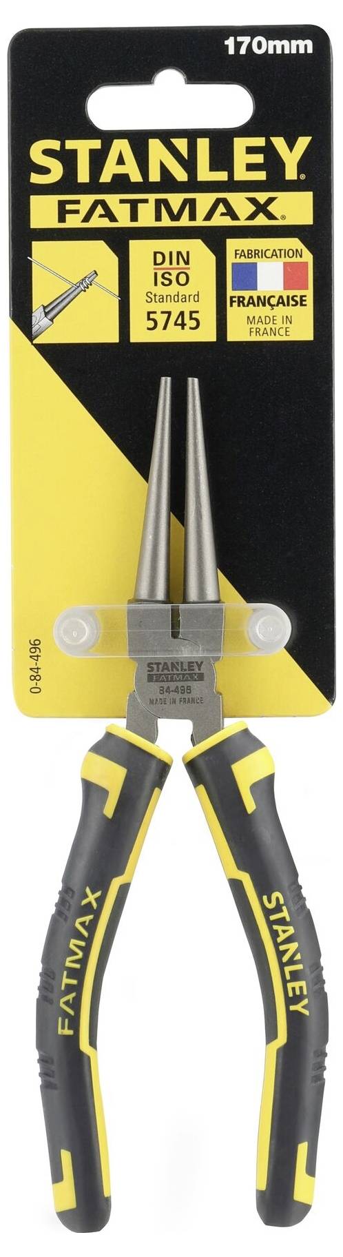 'STANLEY FATMAX' Spitzzange, 170 mm Länge, geeignet für feine Arbeiten. Griff in Schwarz und Gelb, auf Kartonverpackung dargestellt.