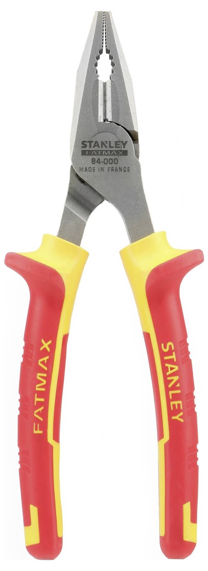 Eine rote und gelbe Kombizange mit der Aufschrift 'Stanley Fatmax', geeignet für verschiedene handwerkliche Arbeiten.