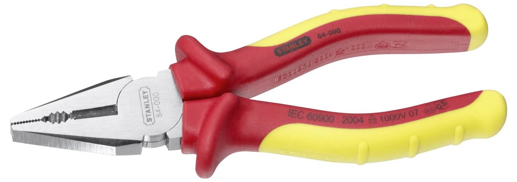 Eine rote und gelbe Zange mit isolierten Griffen, geeignet für elektrische Arbeiten bis 1000 Volt.