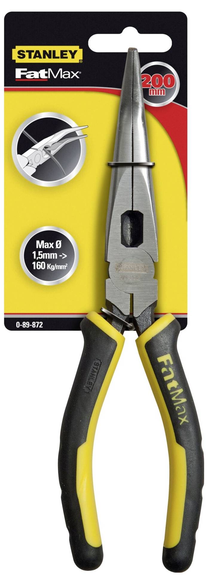 'Stanley FatMax' Kombizange, 200 mm, auf gelber Verpackung, zeigt Details zu Maximaleinschub und Schneidleistung, für robuste Arbeiten geeignet.