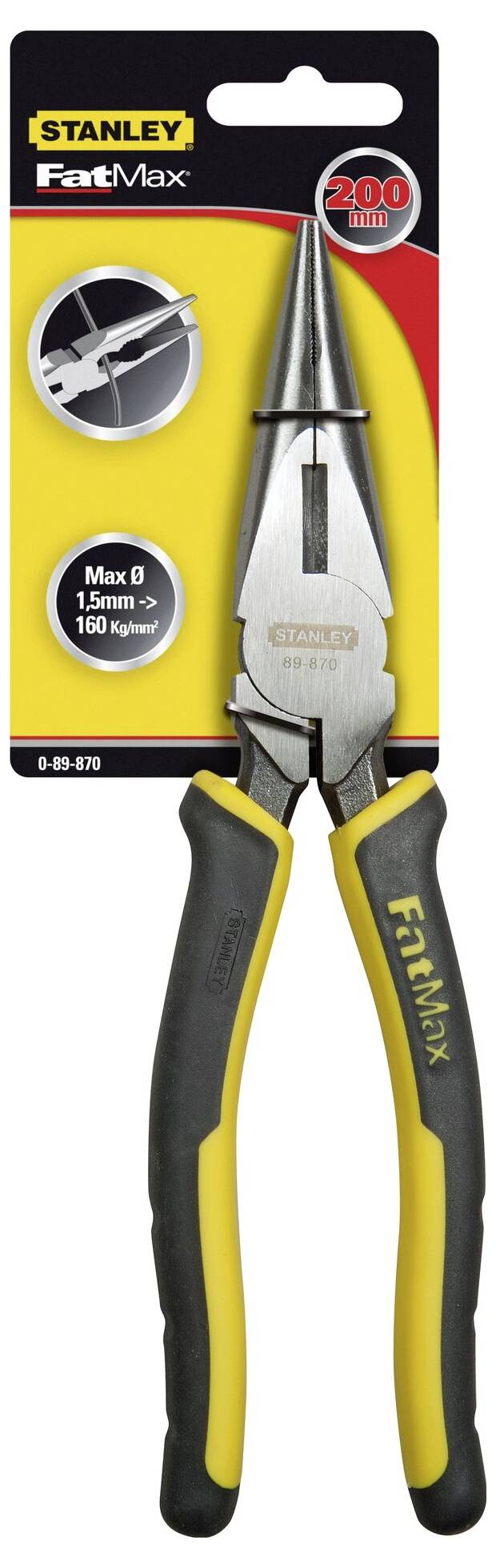 'Stanley FatMax Kombizange' mit rutschfestem Griff und verpackt auf einer Aufhängungskarte. Kapazität: 1,5 mm - 160 kg.