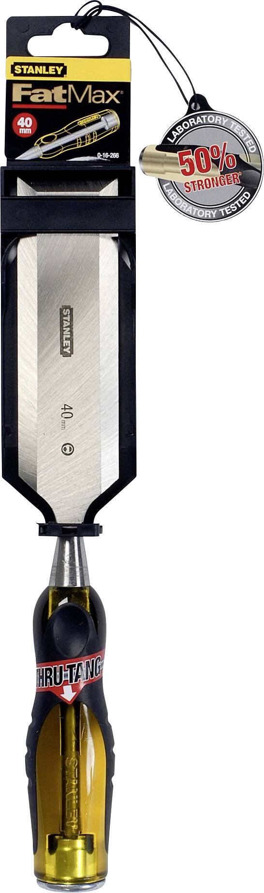 Meißel mit gelbem Griff und schwarzer Spitze, Markenname 'Stanley FatMax', Hinweis auf 50% höhere Stärke im Vergleich zu anderen Modellen.