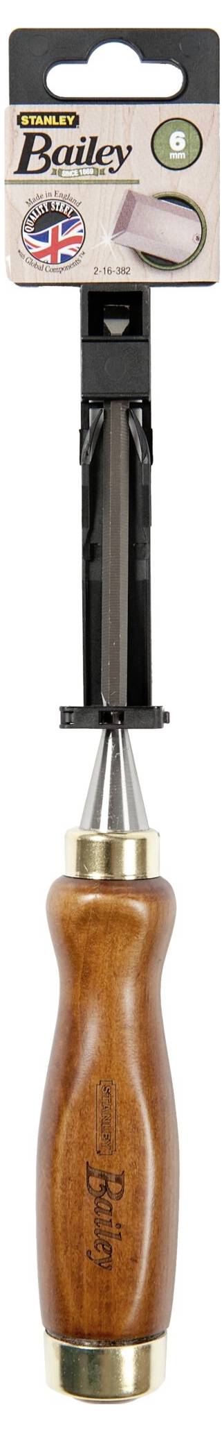 Holzgriff-Werkzeug mit metallischer Spitze in Verpackung. Oben zwei Haken zur Aufhängung; britische Flagge und Text 'Bailey'.
