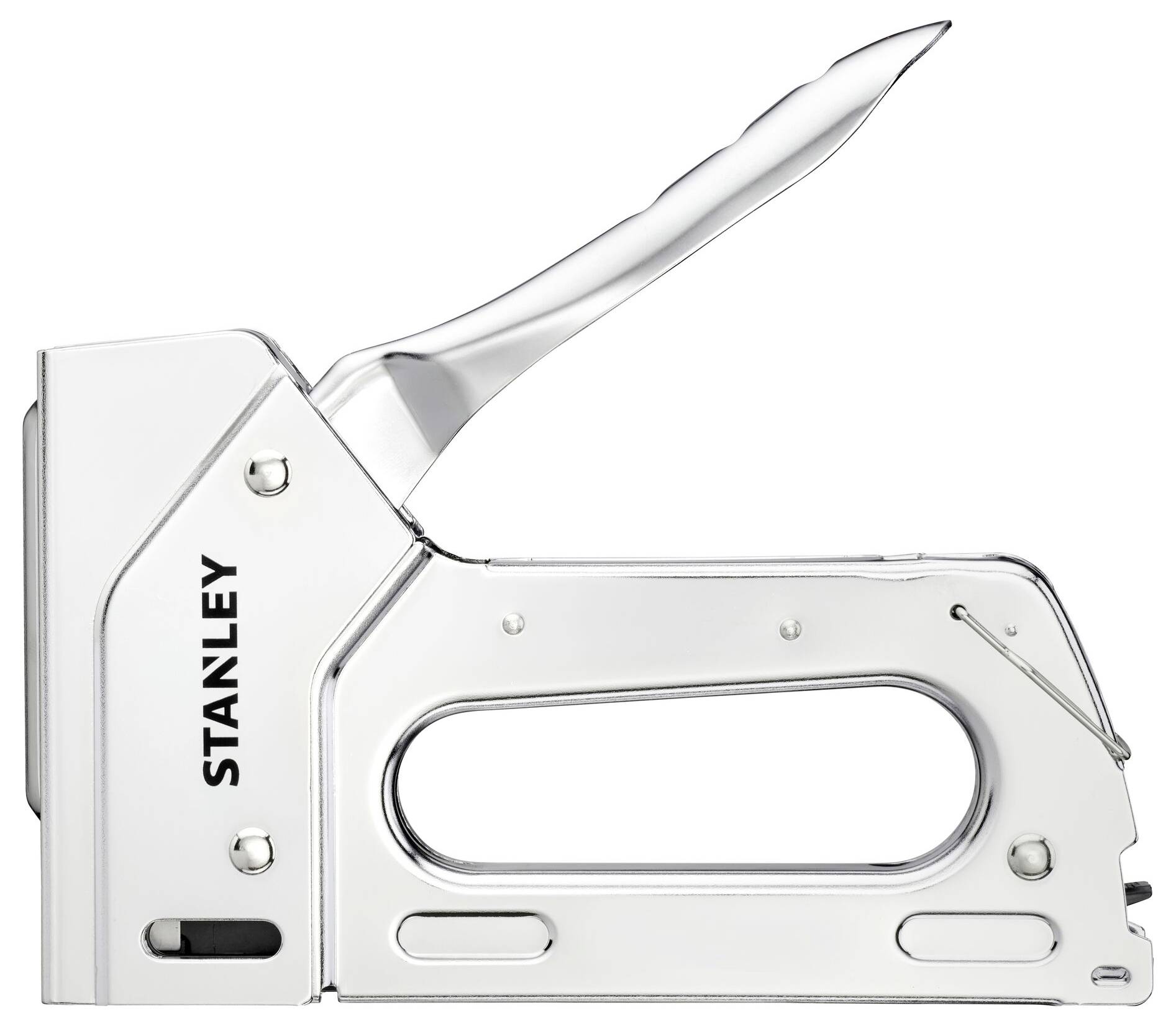 Ein silberner mechanischer Handtacker mit Griff und Schriftzug 'Stanley', geeignet für das Heften von Materialien.
