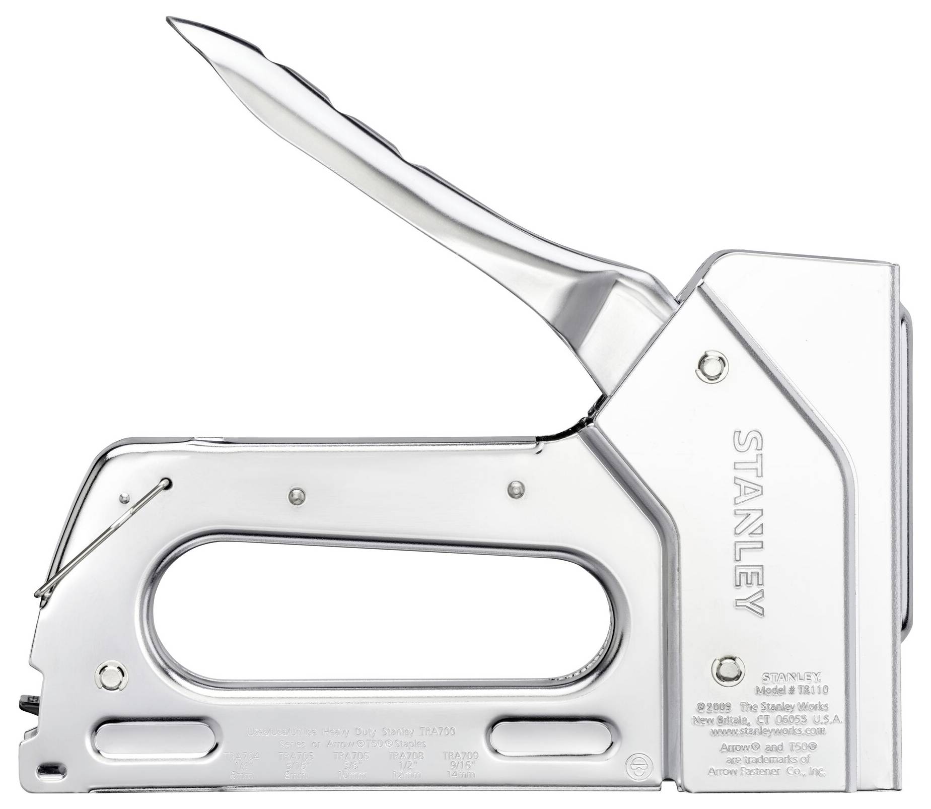 Silberner Tacker mit Hebelgriff, der für handwerkliche Arbeiten wie das Befestigen von Materialien geeignet ist. Markenlogo seitlich sichtbar.