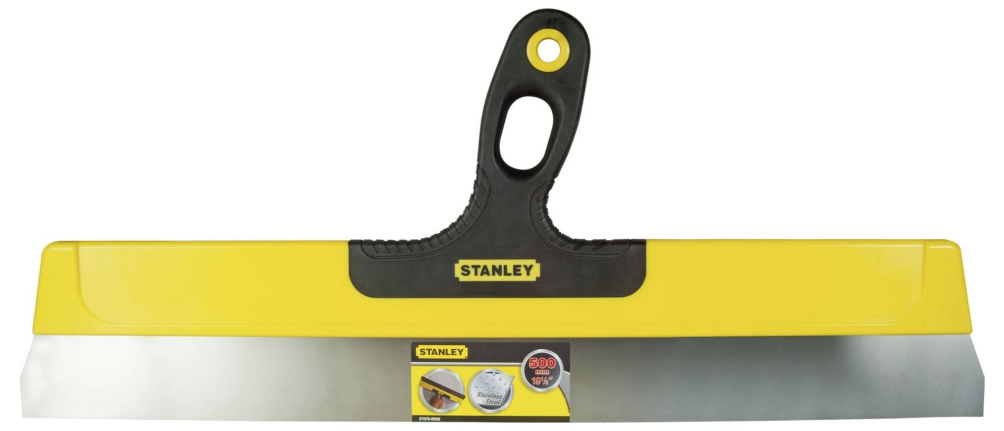 'Gelbe Flächenspachtel von Stanley mit ergonomischem Griff und breiter Klinge, geeignet für glatte Oberflächen und Wände.'