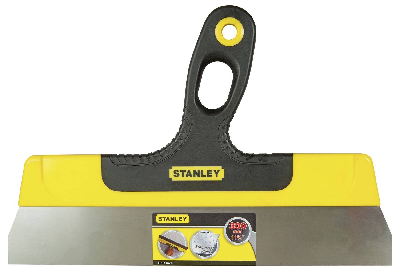 Ein gelb-schwarzer Spachtel der Marke Stanley mit breitem Metallblatt, geeignet zum Verstreichen und Glätten von Oberflächen.