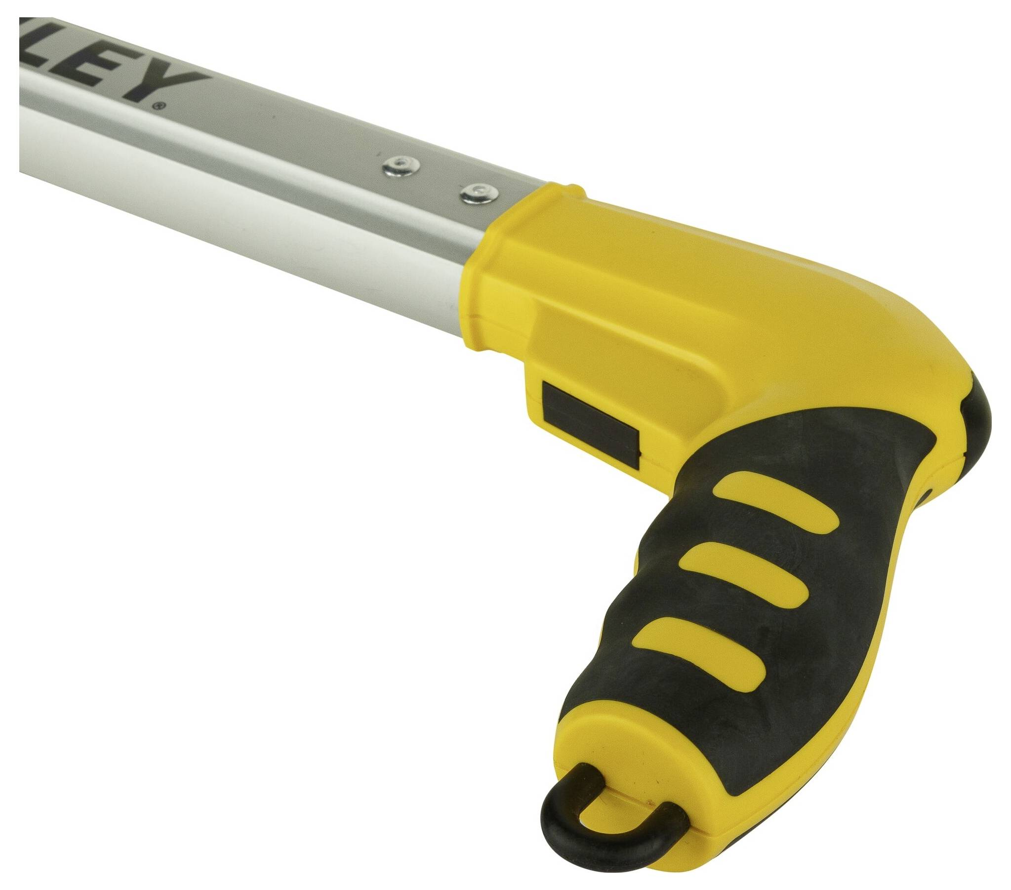 Gelb-schwarzer Griff eines Werkzeugs mit ergonomischer Form und Metallteil, möglicherweise für handwerkliche Tätigkeiten verwendet.