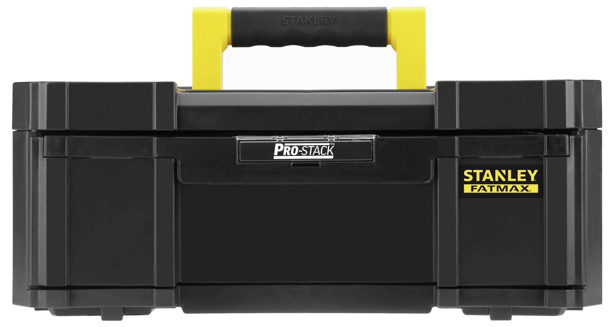 Ein schwarzer Werkzeugkasten mit gelbem Griff und 'Stanley Fatmax' Logo rechts. Der rechteckige Kasten hat solide Verschlüsse.