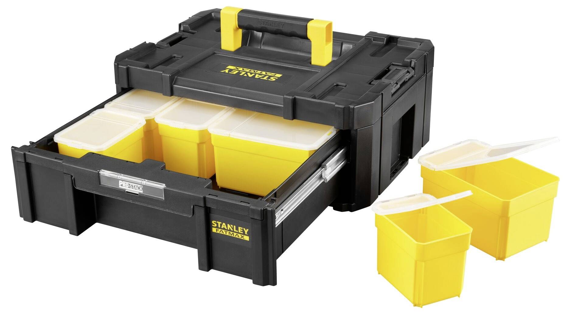 Schwarzer Werkzeugkoffer mit gelben Griffen, geöffnetem Schubfach mit gelben Einsätzen zur Aufbewahrung von Werkzeugen und Zubehör.