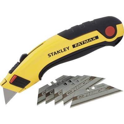 Ein gelbes Stanley FatMax Cutter-Messer mit schwarzen und roten Details liegt neben fünf Ersatzklingen, auf denen 'Carbide' steht.