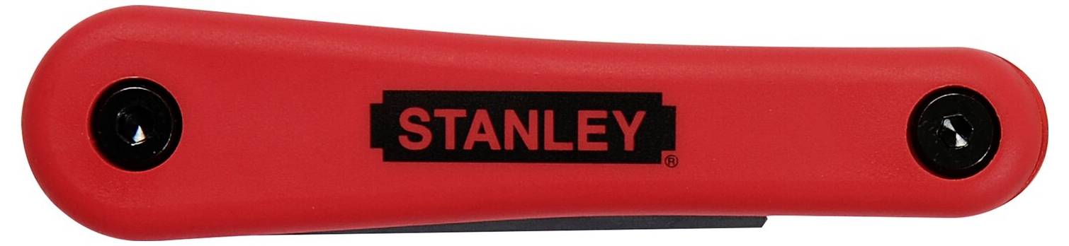 Roter Stanley-Werkzeuggriff mit schwarzem Logo in der Mitte.