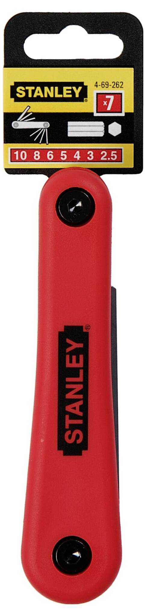 Roter Inbusschlüsselsatz von Stanley mit insgesamt zehn Größen, ideal für den Gebrauch im Handwerk oder Heimwerkerprojekte. Verpackung zeigt Stanley-Logo.