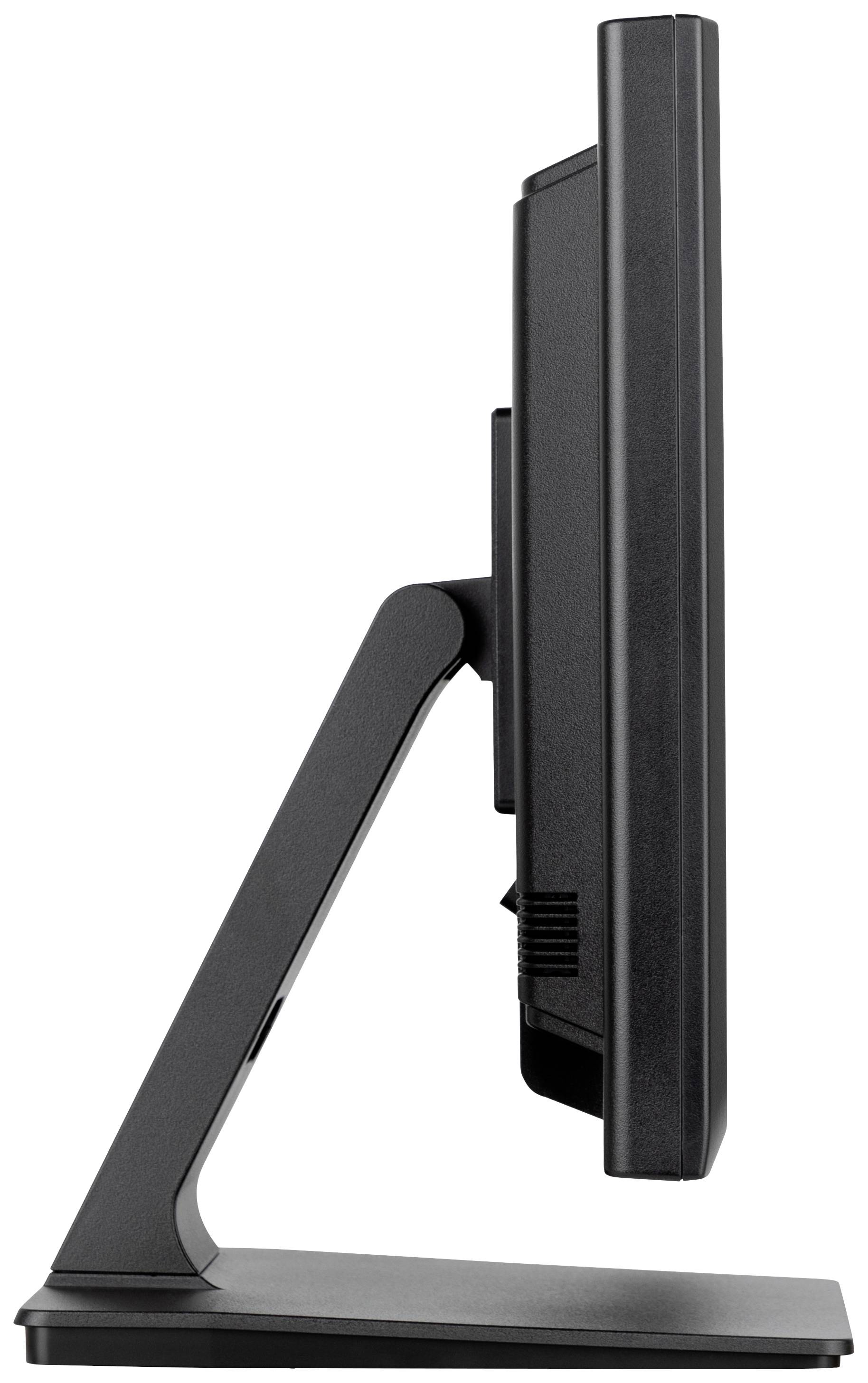 Ein schwarzer Computerbildschirm von der Seite, zeigt ein schlankes, modernes Design auf einem stabilen Standfuß.