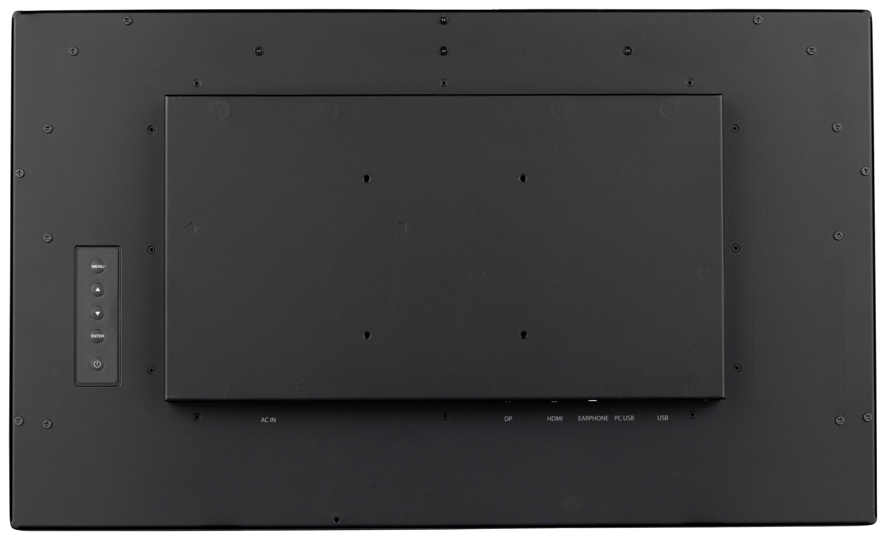 Rückseite eines schwarzen Monitors mit Anschluss- und Steuerknöpfen auf der linken Seite.