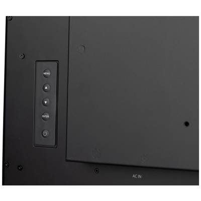 'Rückseite eines Monitors mit Bedientasten: Menü, Aufwärts, Abwärts, Enter, Ein/Aus. Anschlüsse unten rechts.'