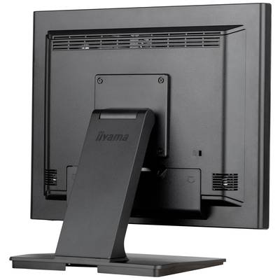 Rückansicht eines Computerbildschirms mit schwarzem Gehäuse und Standfuß, keine sichtbaren Anschlüsse oder Markenhinweise.