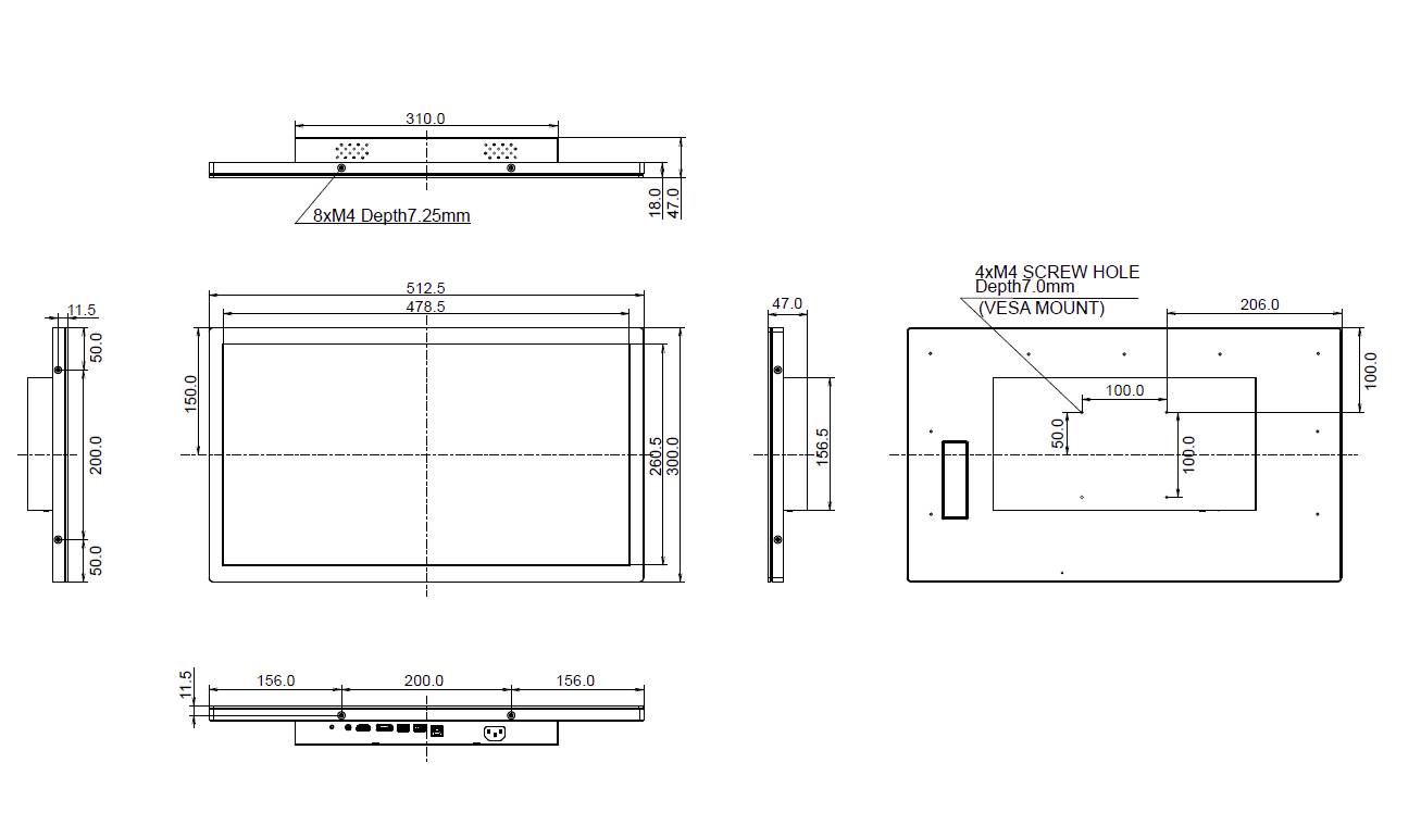 Zeichnung eines rechteckigen Bildschirmgehäuses mit detaillierten Abmessungen. Ansichten zeigen Vorder-, Seiten- und Draufsicht.