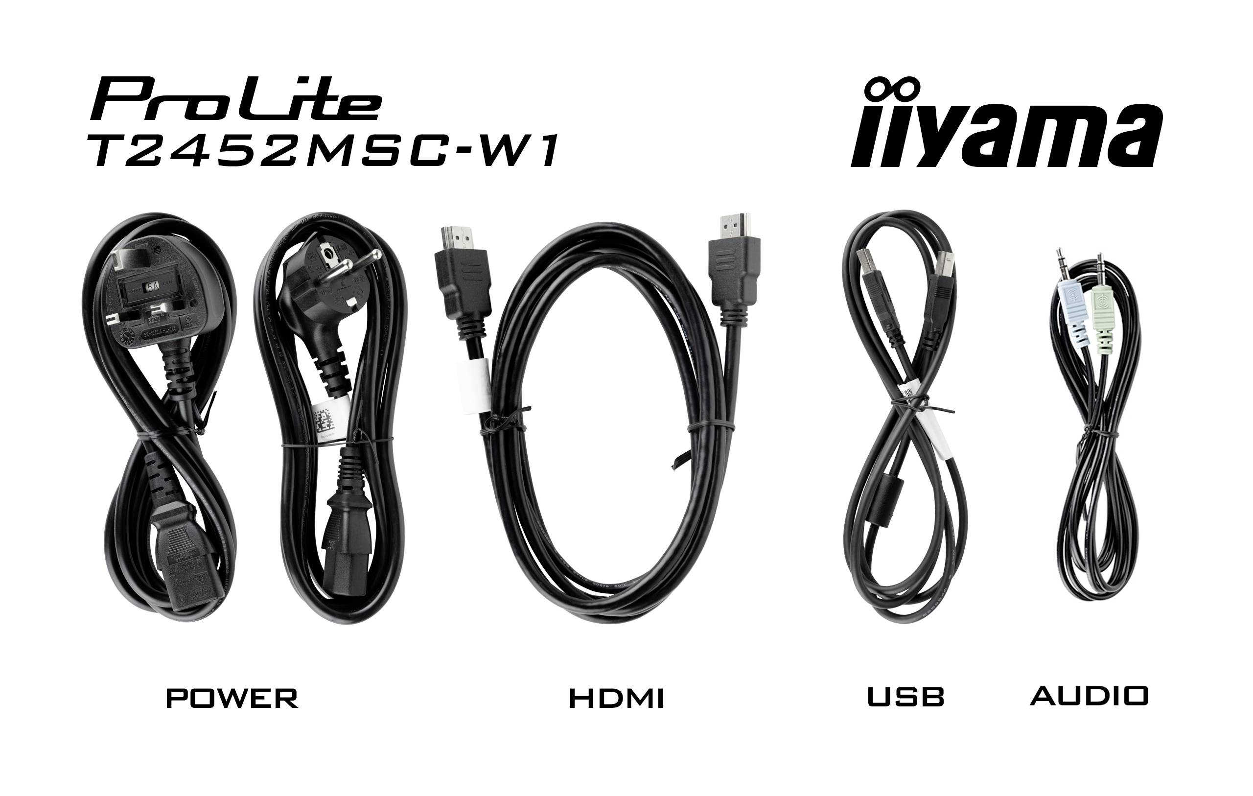 Das Bild zeigt vier Kabel: 'POWER', 'HDMI', 'USB' und 'AUDIO', jeweils beschriftet, neben dem Text 'ProLite T2452MSC-W1' und dem Logo 'iiyama'.