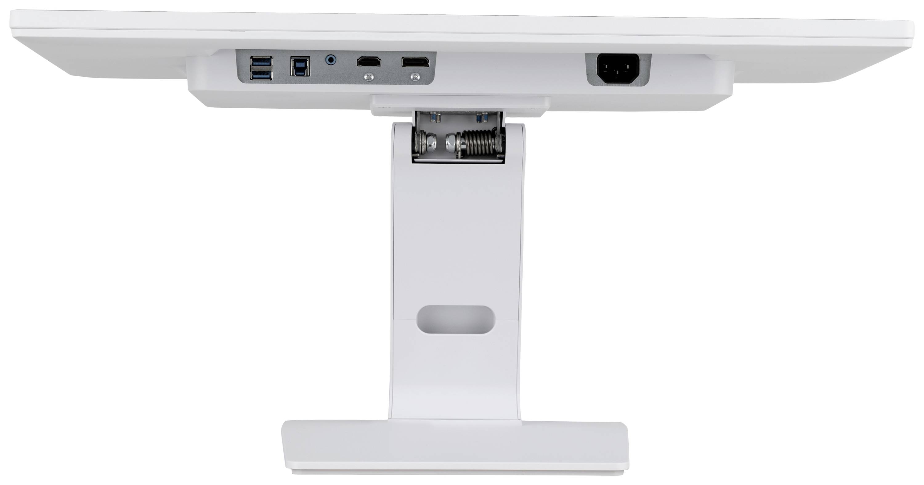 Unterseite eines weißen Monitors mit integrierten Anschlüssen: USB, HDMI und Stromanschluss. Sicht auf den Standfuß.