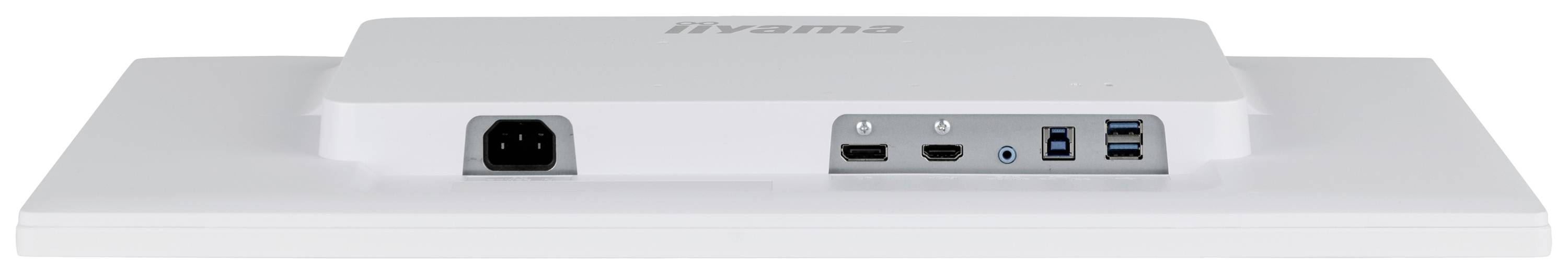 Rückansicht eines weißen Monitors zeigt Anschlüsse: Stromanschluss, HDMI, DisplayPort, USB-A- und USB-C-Anschlüsse.