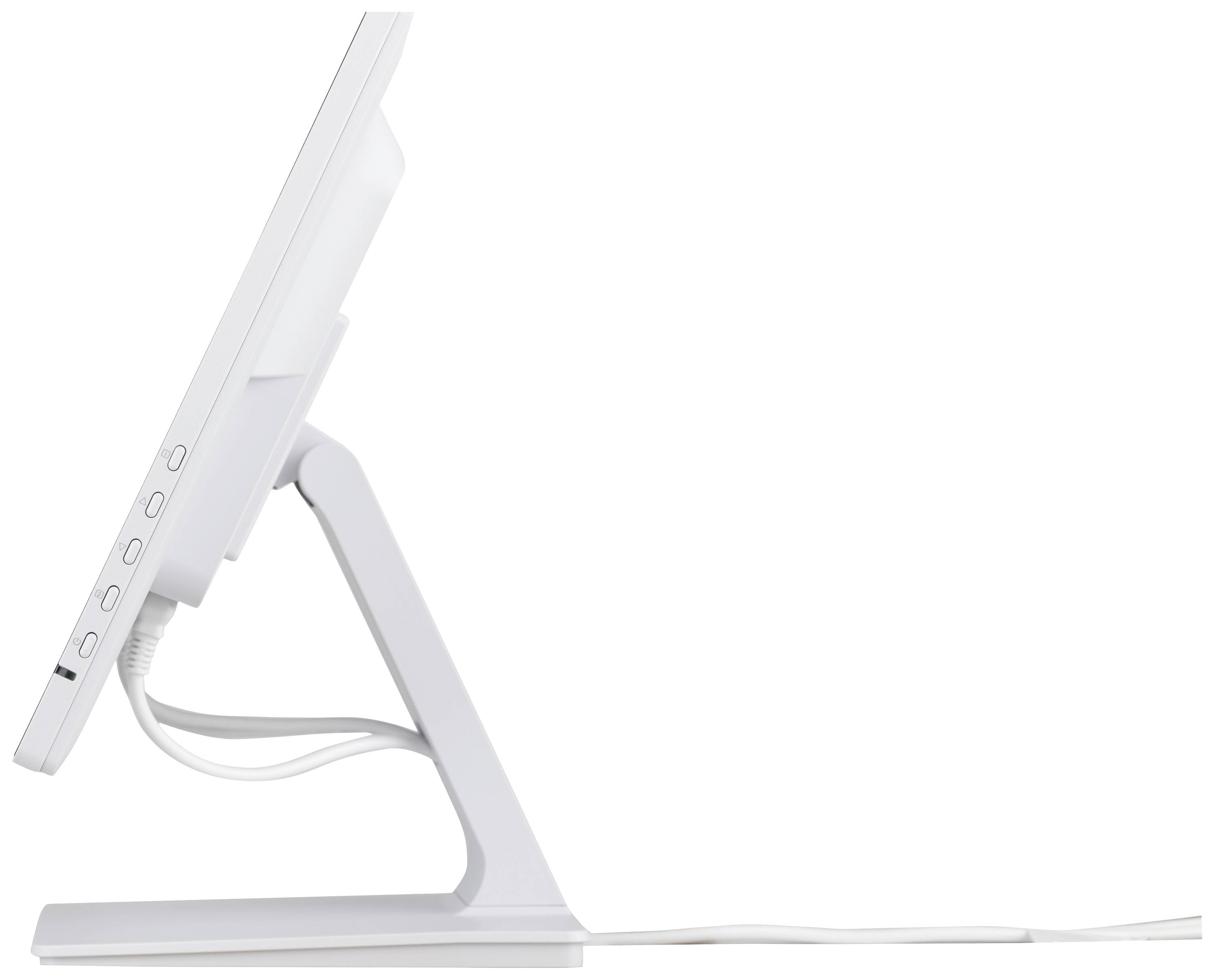 Ein weißer Monitor von der Seite, zeigt Tasten an der Seite und ein fest angeschlossenes Kabel, das sauber auf dem Tisch liegt.