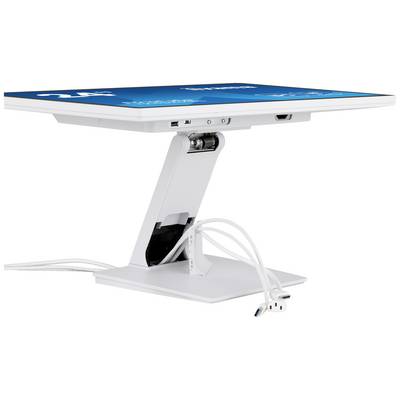 Ein Tisch mit integriertem Bildschirm und USB-Anschlüssen; weiße Kabel sind darunter sichtbar.