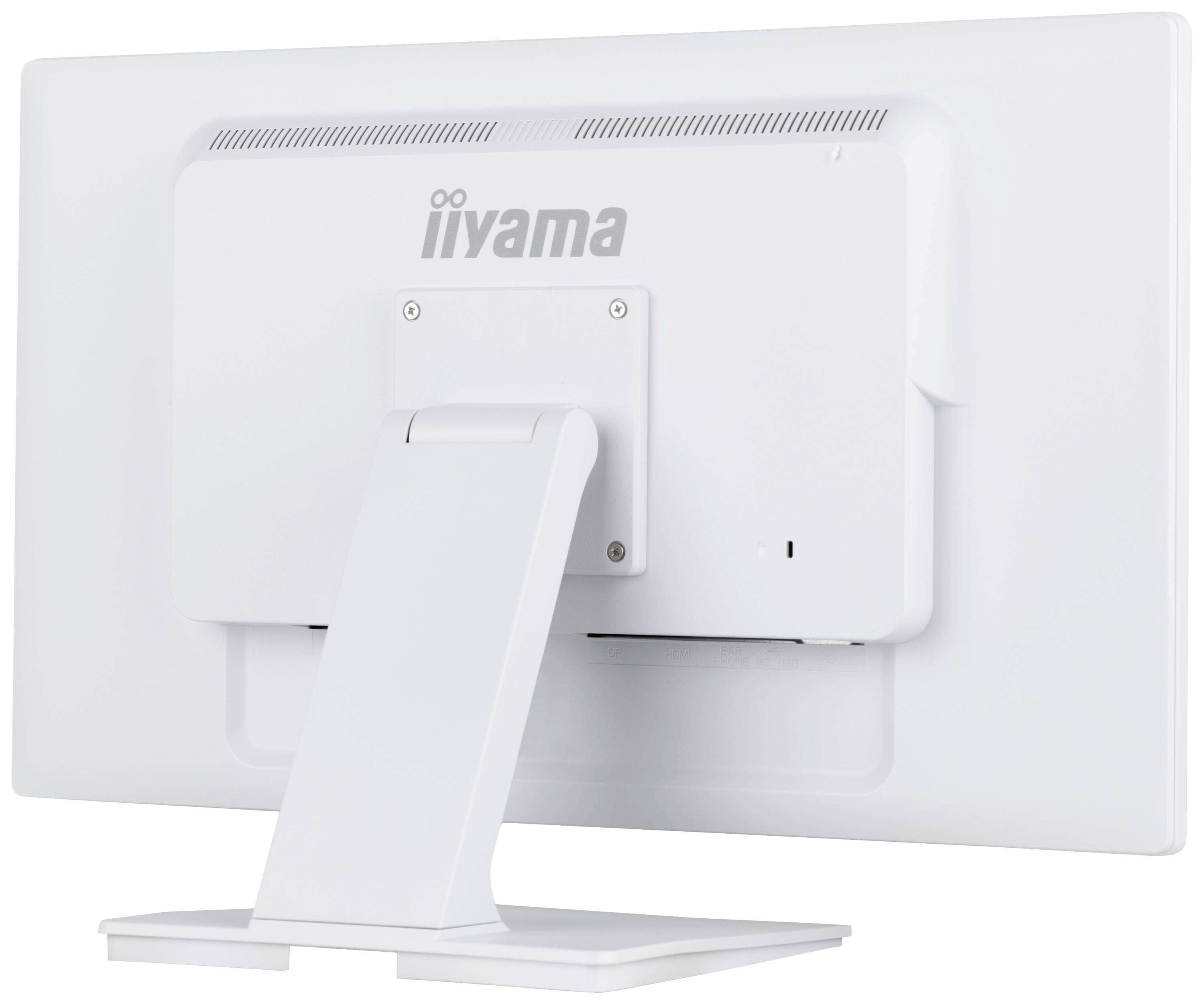 Rückansicht eines weißen Computerbildschirms mit dem Logo 'iiyama' in der Mitte, montiert auf einem stabilen Standfuß.