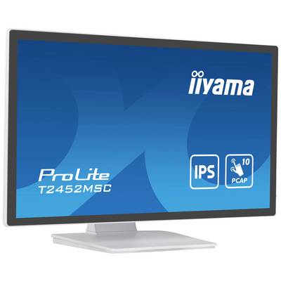 Ein Computermonitor von iiyama mit der Bezeichnung 'ProLite T2452MSC'. Der Bildschirm zeigt Symbole für 'IPS' und '10 PCAP'.
