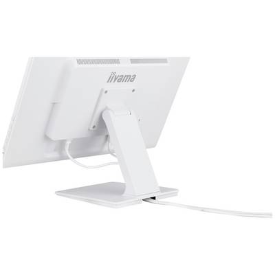 Ein weißer Computermonitor von hinten, Marke sichtbar. Der Standfuß ist solide, das Anschlusskabel führt nach unten und zurück.
