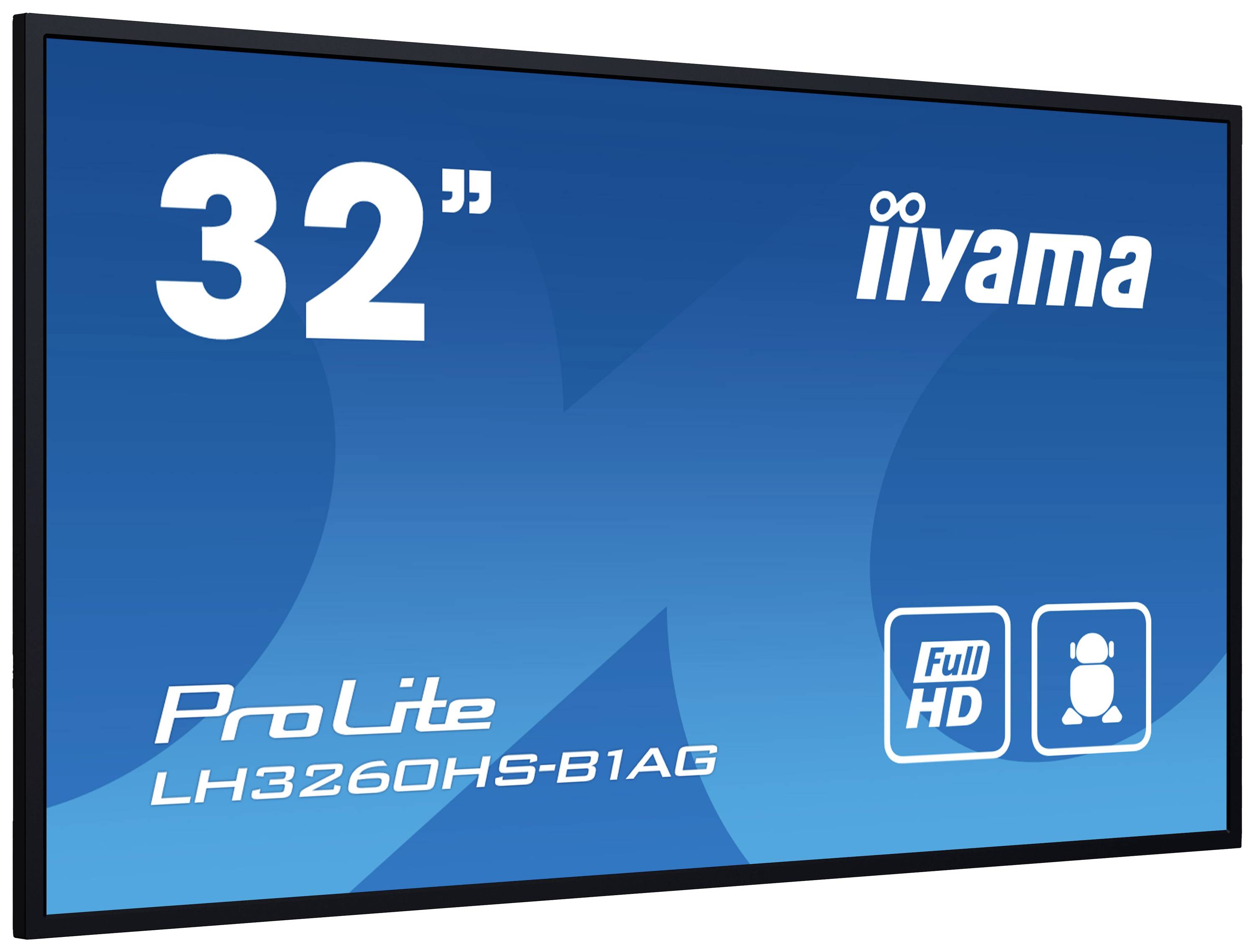 Ein blauer Bildschirm zeigt '32"', 'iiyama', 'ProLite LH3260HS-B1AG' und 'Full HD'.