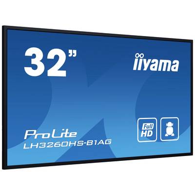 Ein blauer Bildschirm zeigt '32"', 'iiyama', 'ProLite LH3260HS-B1AG' und 'Full HD'.
