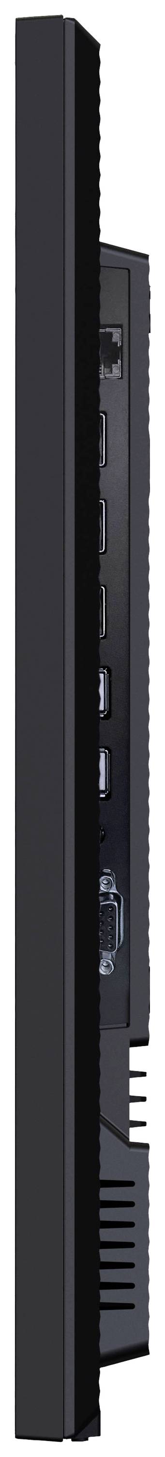 Seitenansicht eines flachen Computerbildschirms mit sichtbaren Anschlüssen, darunter HDMI und USB, sowie Lüftungsschlitzen am unteren Rand.