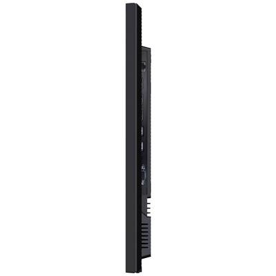Seitenansicht eines flachen Computerbildschirms mit sichtbaren Anschlüssen, darunter HDMI und USB, sowie Lüftungsschlitzen am unteren Rand.
