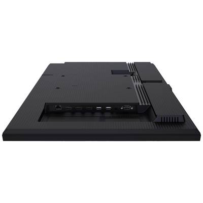 Rückansicht eines Monitors mit Blick auf Anschlussmöglichkeiten: mehrere HDMI-Ports, USB-Anschlüsse und ein Ethernet-Port.