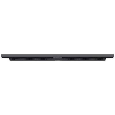 Eine schwarze Soundbar mit einem zentralen Bedienfeld und Lüftungsschlitzen unten.