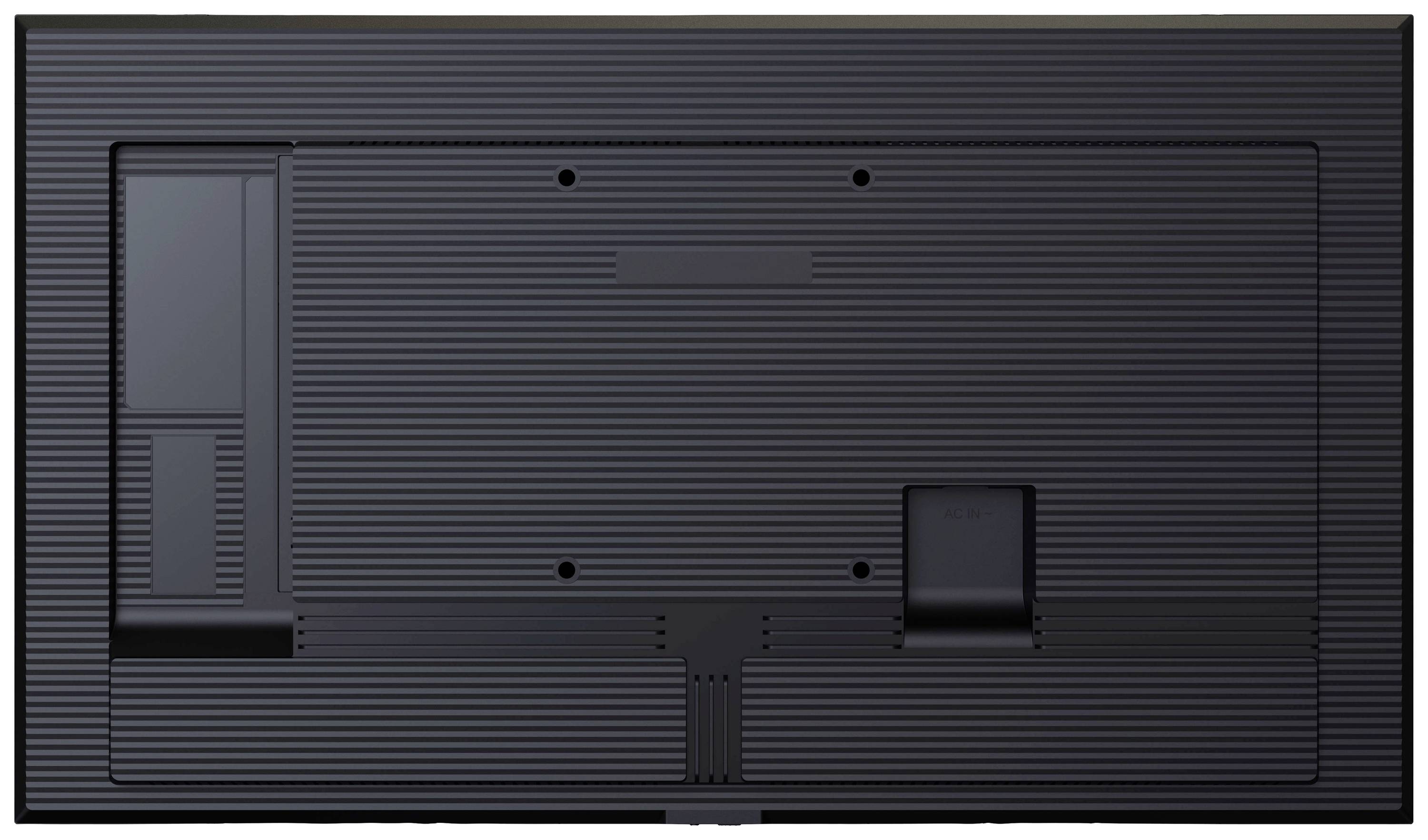 Rückseite eines großen schwarzen Fernsehers mit mehreren Steckplätzen und Wandmontagebefestigungen.