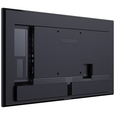 Rückseite eines schwarzen Flachbildschirms mit unterschiedlichen Anschlüssen und strukturiertem Gehäuse.