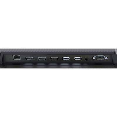 Rückseite eines Monitors mit Anschlüssen: Ethernet, drei HDMI-Ports, zwei USB-Ports, Kopfhörerbuchse und VGA-Anschluss.