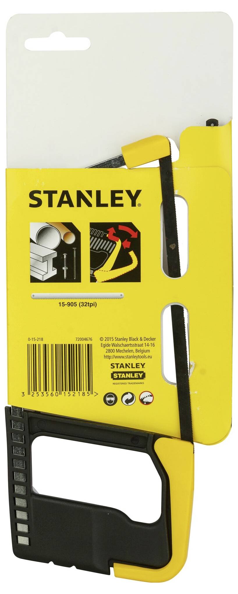 Eine gelbe Stanley-Metallsäge mit realistischer Abbildung auf der Verpackung; für präzises Schneiden von Metallteilen geeignet.